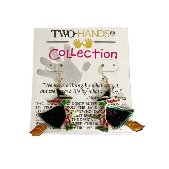 Vintage Halloween Witch Earrings Enamel Broomstick Dangle NWT NOS - Picture 1 of 2